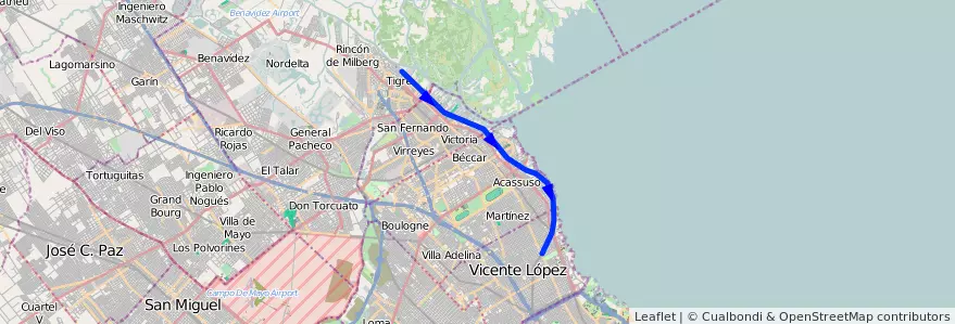 Mapa del recorrido Unico de la línea Tren de La Costa en Buenos Aires.