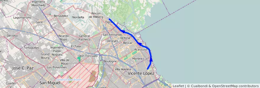 Mapa del recorrido Unico de la línea Tren de La Costa en Provincia di Buenos Aires.