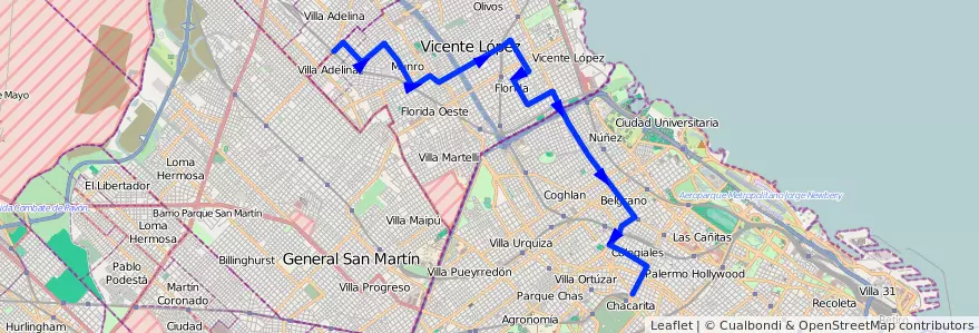 Mapa del recorrido V.Adelina-Chacarita de la línea 184 en Argentine.
