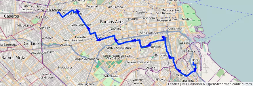 Mapa del recorrido V.Devoto - Dock Sud de la línea 134 en Ciudad Autónoma de Buenos Aires.