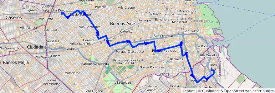 Mapa del recorrido V.Devoto - Dock Sud de la línea 134 en Буэнос-Айрес.
