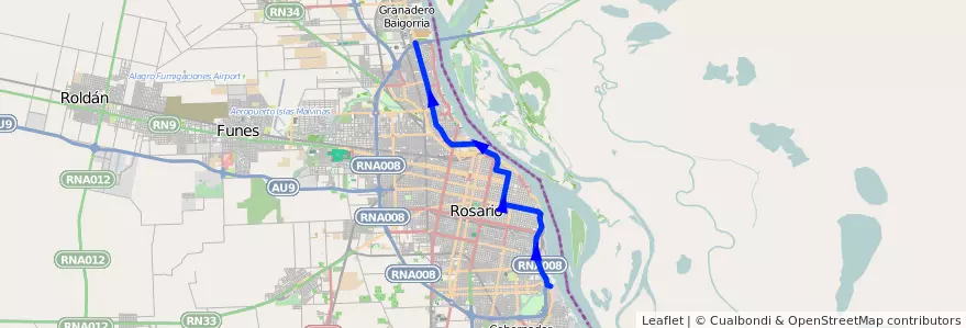 Mapa del recorrido  Verde de la línea 35/9 en Росарио.