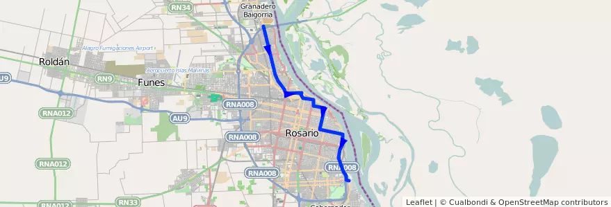 Mapa del recorrido  Verde de la línea 35/9 en Росарио.