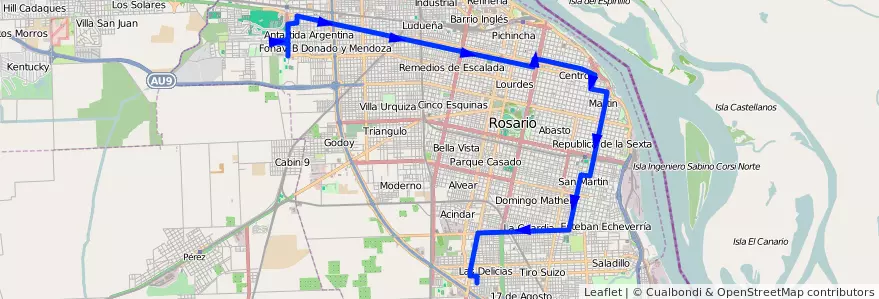 Mapa del recorrido  Verde de la línea 133 en ロサリオ.