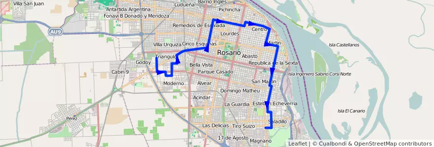 Mapa del recorrido  Verde de la línea 122 en Росарио.