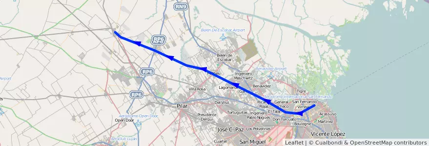 Mapa del recorrido Victoria-Capilla del Senor de la línea Ferrocarril General Bartolome Mitre en Buenos Aires.