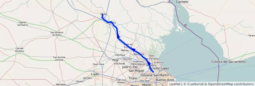 Mapa del recorrido Villa Ballester-Zarate de la línea Ferrocarril General Bartolome Mitre en 부에노스아이레스주.