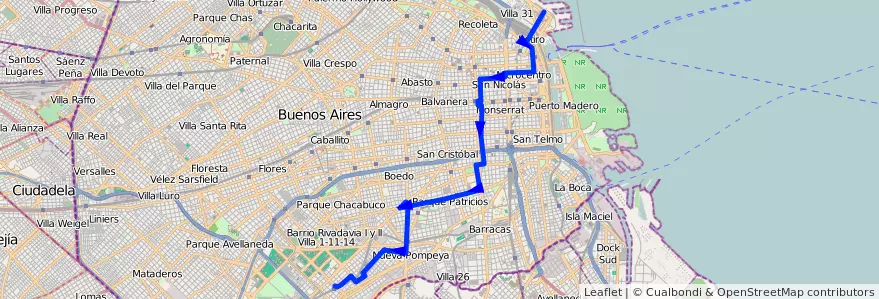 Mapa del recorrido V.Soldati-Puerto Nuevo de la línea 6 en Ciudad Autónoma de Buenos Aires.
