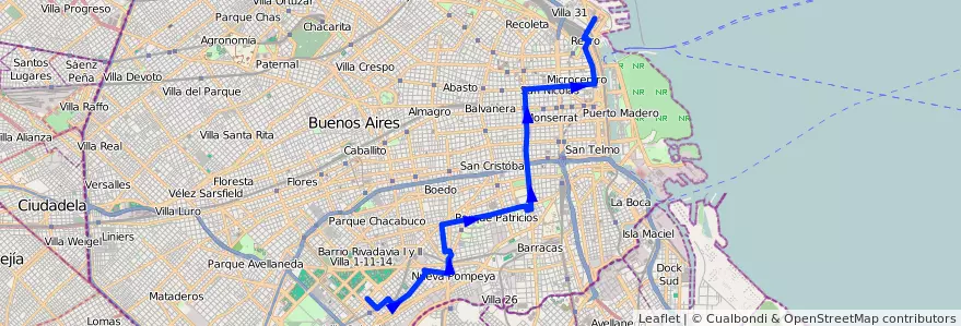 Mapa del recorrido V.Soldati-Puerto Nuevo de la línea 6 en Буэнос-Айрес.