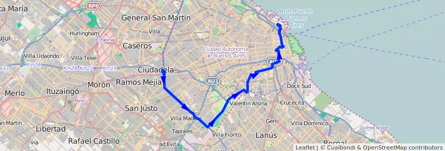 Mapa del recorrido X av. Roca de la línea 28 en Ciudad Autónoma de Buenos Aires.