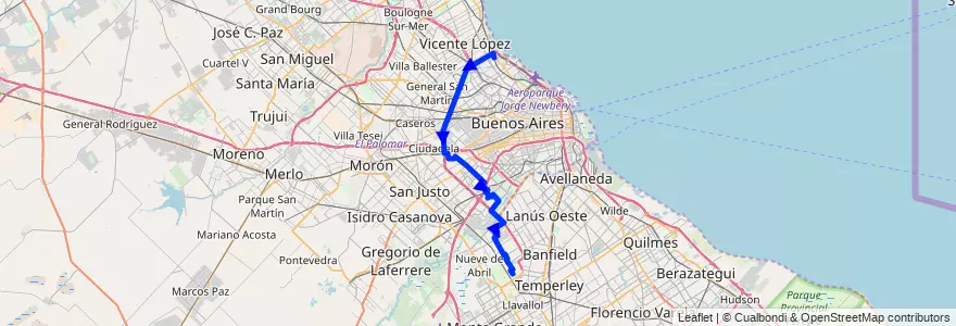 Mapa del recorrido x Baradero de la línea 117 en Argentina.