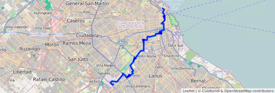 Mapa del recorrido x Fiorito de la línea 28 en آرژانتین.