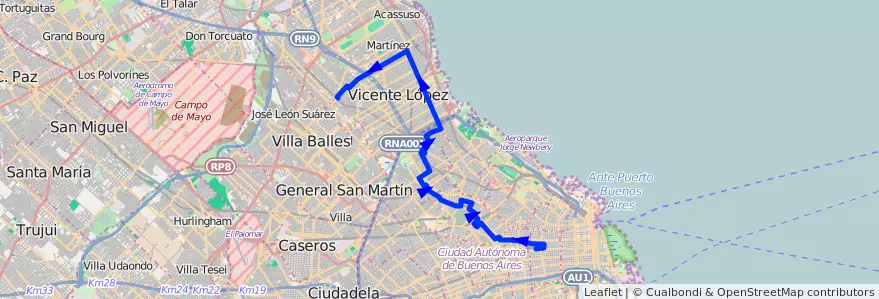 Mapa del recorrido x Maipú y Congreso de la línea 71 en Argentina.