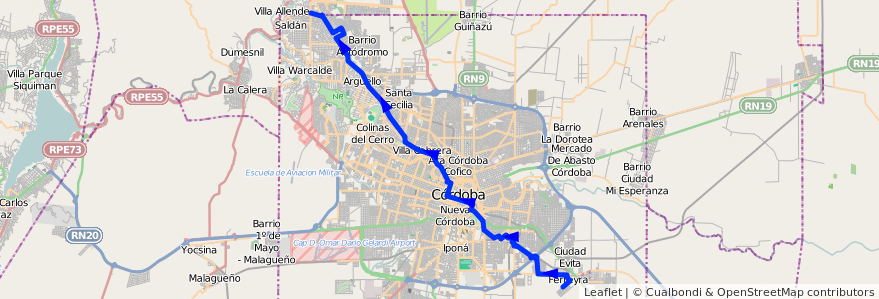 Mapa del recorrido 1 de la línea N (Naranja) en Pedanía Capital.