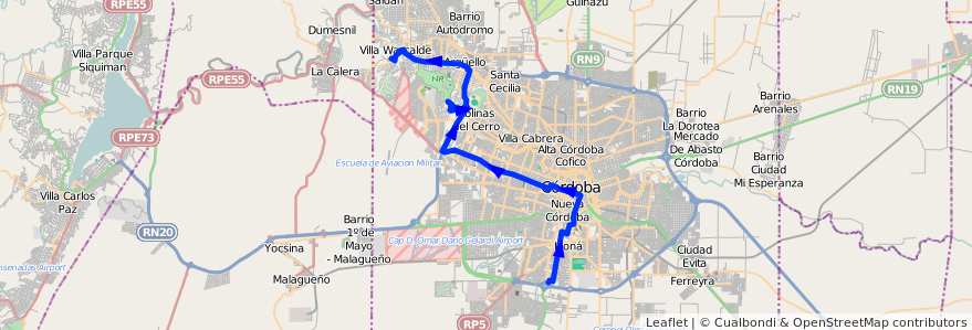 Mapa del recorrido 1 de la línea E (Celeste) en Córdoba.