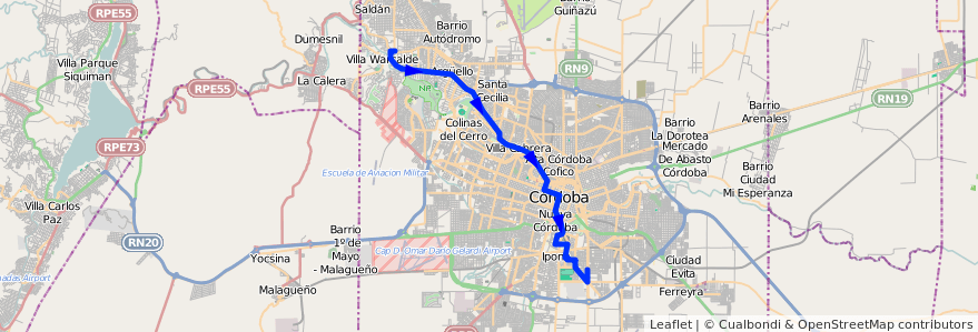 Mapa del recorrido 1 de la línea D (Diferencial) en Cordoba.