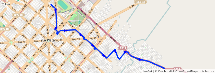 Mapa del recorrido 1 de la línea 520 en Partido de La Plata.