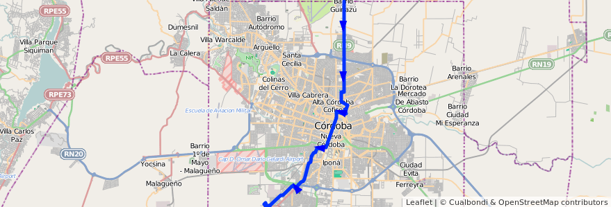 Mapa del recorrido 1 de la línea R (Rojo) en Municipio de Córdoba.