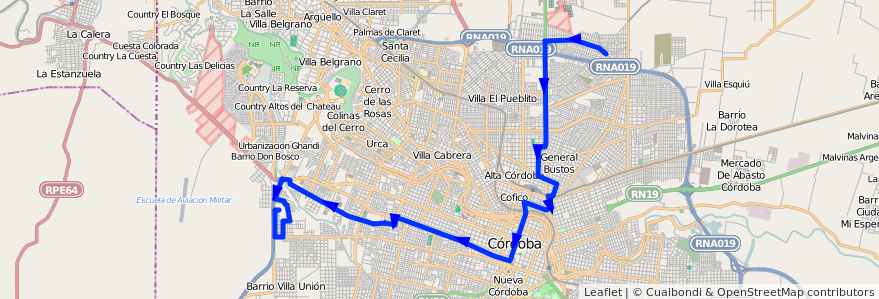 Mapa del recorrido 1 de la línea V (Verde) en Córdoba.