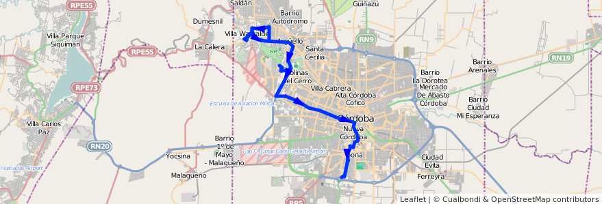 Mapa del recorrido 1 de la línea E (Celeste) en Córdoba.