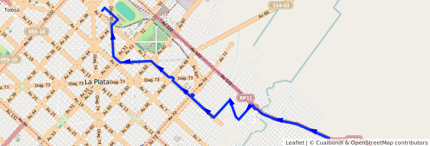 Mapa del recorrido 1 de la línea 520 en Partido de La Plata.