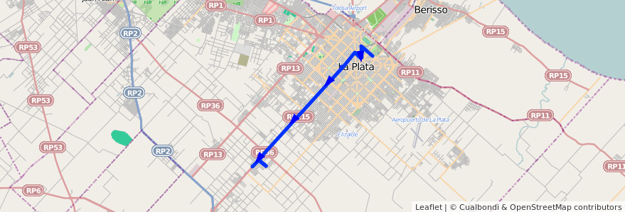 Mapa del recorrido 10 de la línea Oeste en Partido de La Plata.