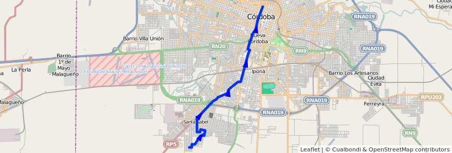 Mapa del recorrido 10 de la línea R (Rojo) en Córdoba.