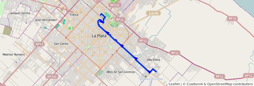 Mapa del recorrido 10 de la línea Este en Partido de La Plata.