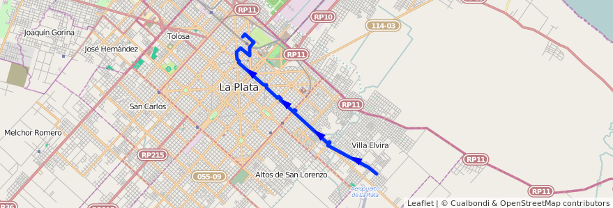 Mapa del recorrido 10 de la línea Este en Partido de La Plata.