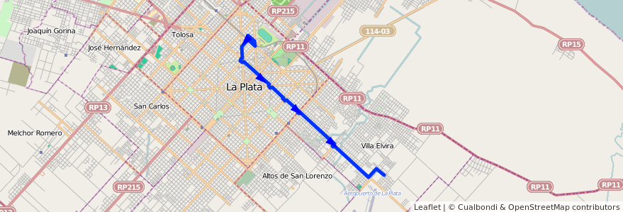 Mapa del recorrido 10 de la línea Este en Partido de La Plata.