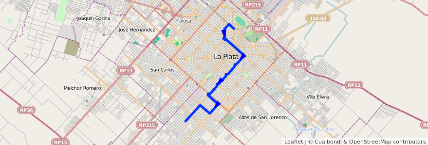 Mapa del recorrido 10 de la línea Sur en Partido de La Plata.