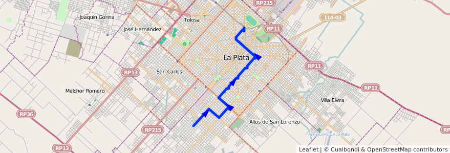 Mapa del recorrido 10 de la línea Sur en Partido de La Plata.