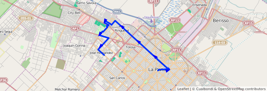 Mapa del recorrido 10 de la línea Norte en Partido de La Plata.