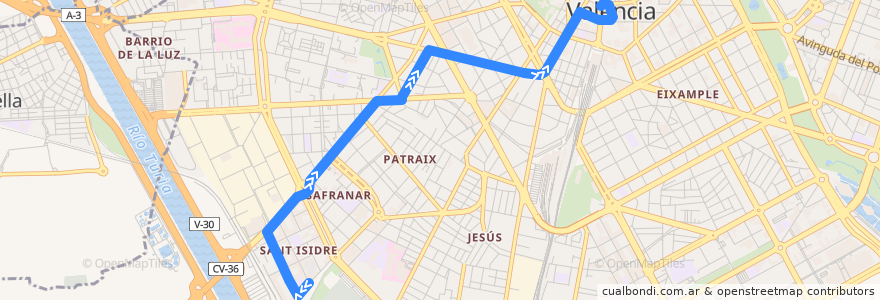 Mapa del recorrido Bus 72: Sant Isidre => Pl. de l'Ajuntament de la línea  en Comarca de València.