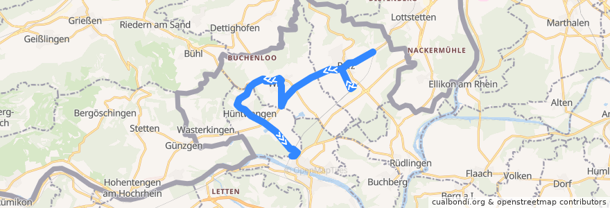 Mapa del recorrido Bus 545: Rafz, Bahnhof => Hüntwangen-Wil, Bahnhof de la línea  en Bezirk Bülach.