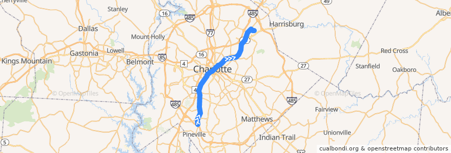 Mapa del recorrido LYNX Blue Line (northbound) de la línea  en Charlotte.