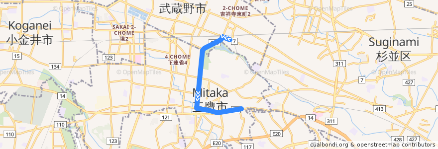 Mapa del recorrido Bus 吉02 吉祥寺駅->下本宿 de la línea  en Tokyo.