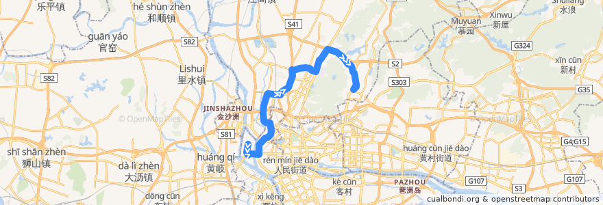 Mapa del recorrido 832路[河沙(太佳广场)总站-南方医院总站] de la línea  en Guangzhou.