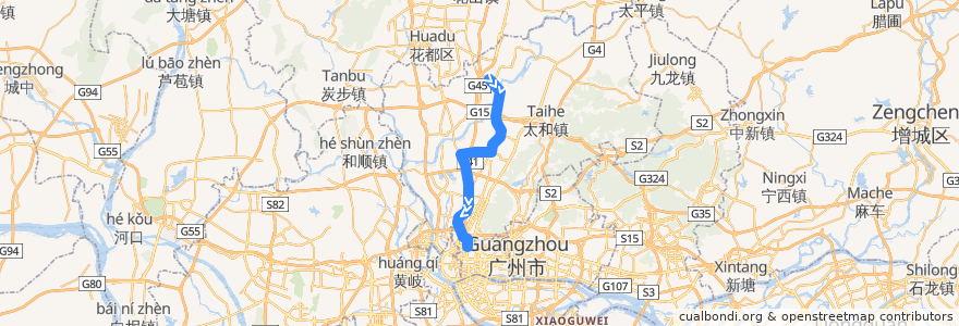 Mapa del recorrido 840路[人和(恒充充电站)总站-广州火车站(草暖公园)总站] de la línea  en ناحیه باییون، گوانگ‌ژو.