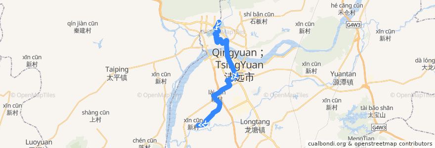 Mapa del recorrido 清远222路公交(飞来湖总站→玉塘) de la línea  en Цинчэн.