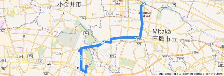 Mapa del recorrido Bus 鷹52 三鷹駅->朝日町三丁目 de la línea  en Tokyo.