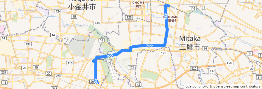 Mapa del recorrido Bus 鷹52 榊原記念病院->三鷹駅 de la línea  en Tokyo.