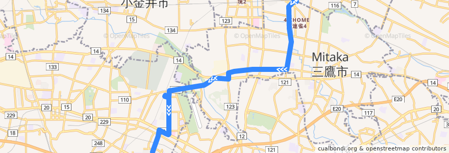 Mapa del recorrido Bus 鷹52 三鷹駅->車返団地 de la línea  en 도쿄도.