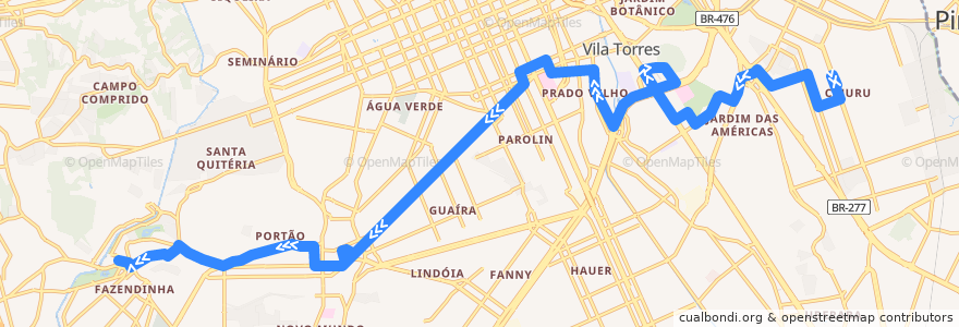 Mapa del recorrido Interbairros V de la línea  en 쿠리치바.