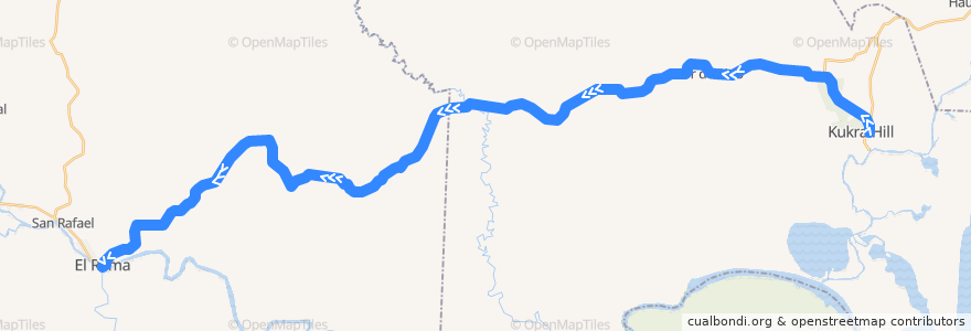 Mapa del recorrido Ruteado: Kukra Hill - El Rama de la línea  en Costa Caribe Sur.