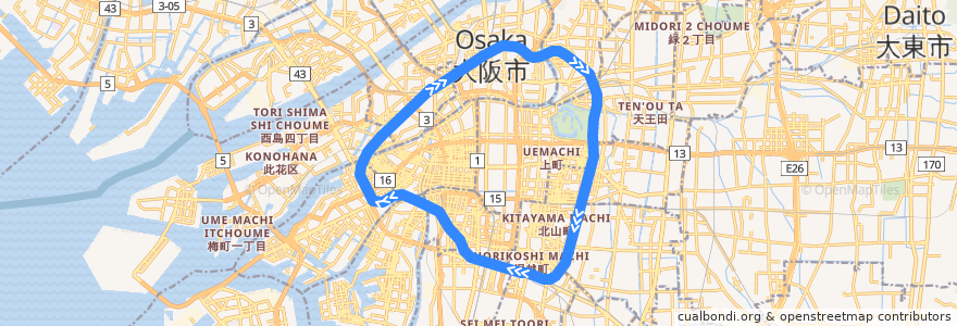 Mapa del recorrido JR大阪環状線 (内回り) de la línea  en Osaka.