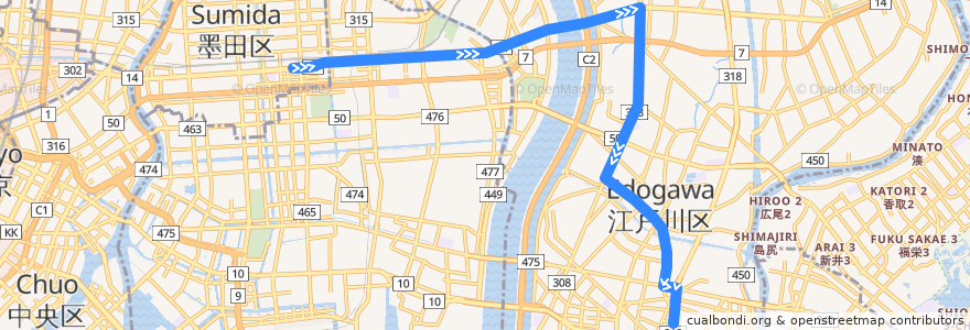 Mapa del recorrido 錦25 de la línea  en 東京都.