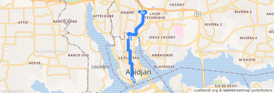 Mapa del recorrido bus 91 : Gare Sud → Liberté Adjamé de la línea  en Abidjan.