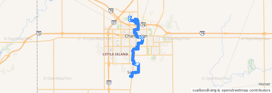 Mapa del recorrido MTD 1S Yellow Weekday - Day de la línea  en Champaign County.