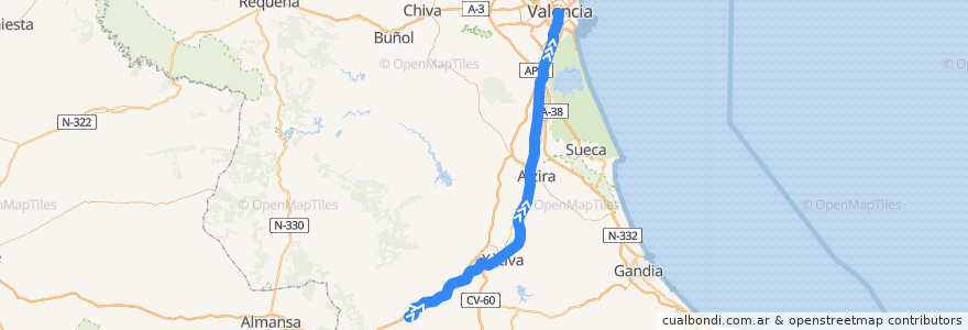 Mapa del recorrido Línea C-2 (Moixent->Nord) de la línea  en València / Valencia.